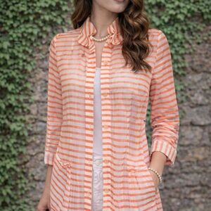 NWT MACHIKO JINTO Orange and White Semi-Sheer Chiffon Striped Jacket, 8